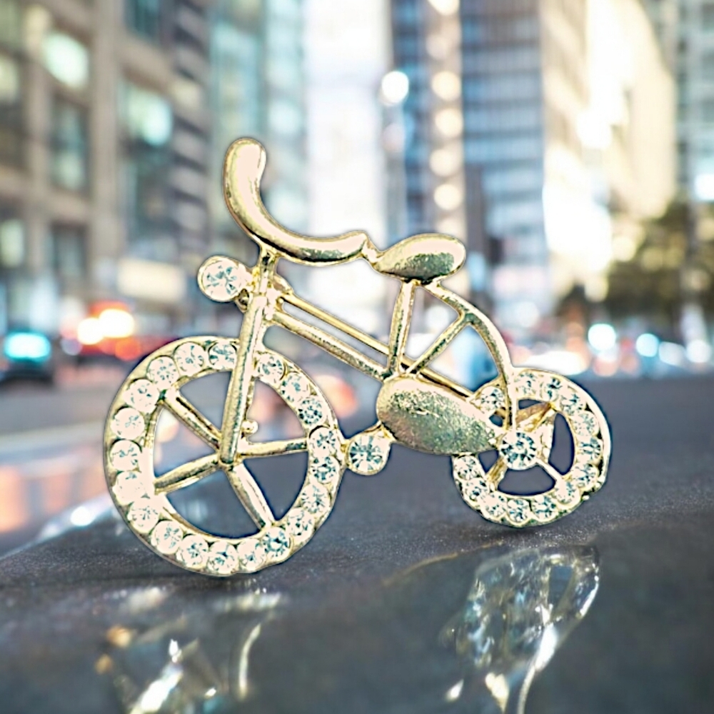 Gold Tone Rhinestone Bicycle Lapel Pin
